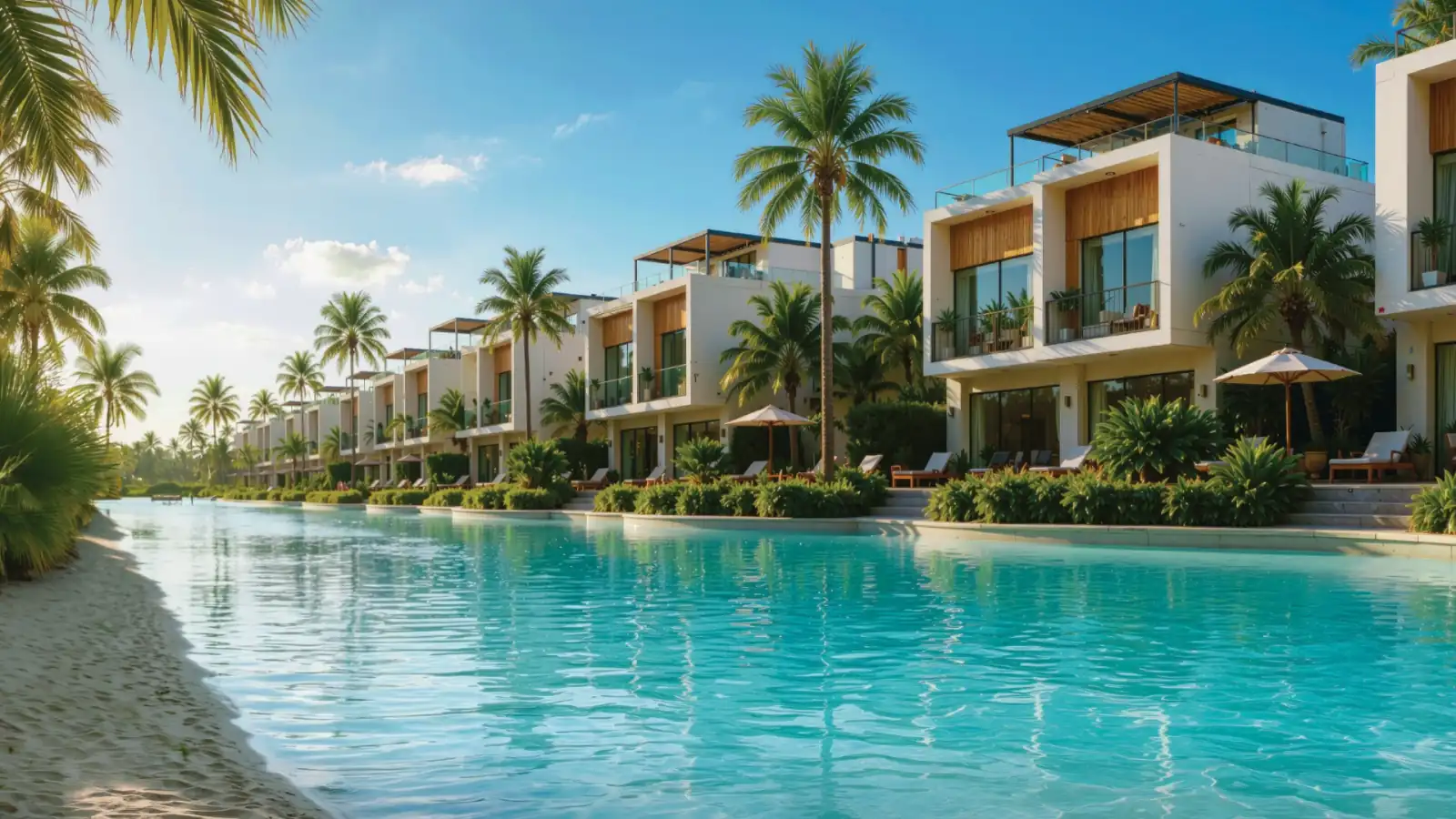 Aerial view of modern waterfront villas with a turquoise lagoon at LE Properties community in Dubai