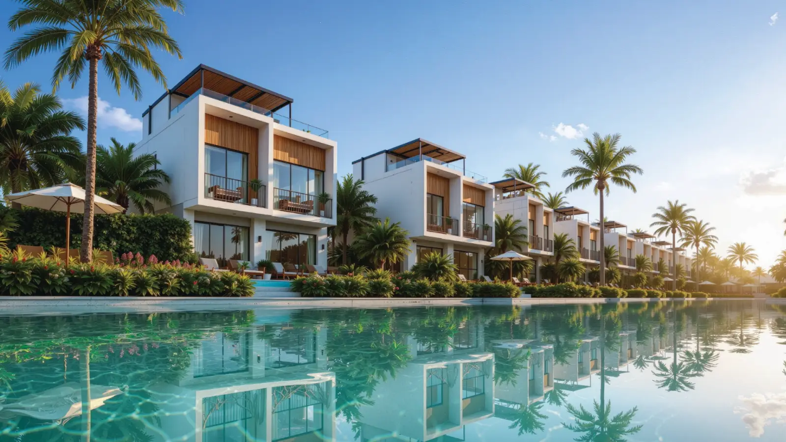 Contemporary poolside villas reflected in calm turquoise water at golden hour in Dubai